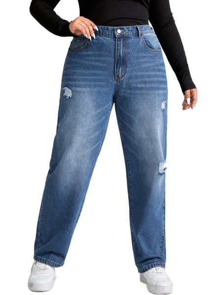 plus high waist ripped straight leg jeans q3cy#, Blue