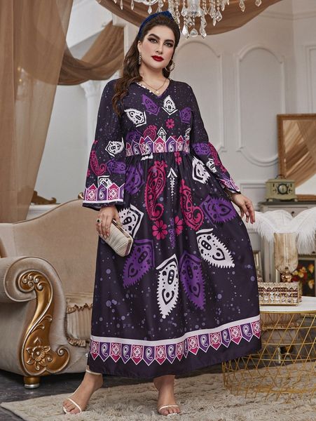 plus paisley & geo print trumpet sleeve dress s8g4#, Black
plus paisley & geo print trumpet sleeve dress s8g4#, Black