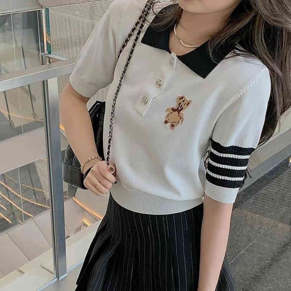 college bear jacquard polo neck knitted t-shirt women's hong kong style casual four bar stripe thin short sleeve top, White
college bear jacquard polo neck knitted t-shirt women's hong kong style casual four bar stripe thin short sleeve top, White