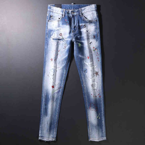 men's jeans high street graffiti jeans men's autumn light color elastic water wash white hole slim fitting pants dxhj, Blue
men's jeans high street graffiti jeans men's autumn light color elastic water wash white hole slim fitting pants dxhj, Blue