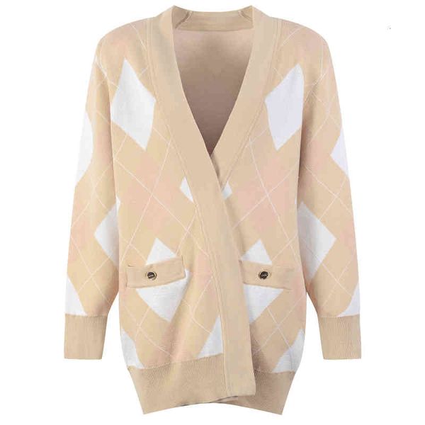 women's knits tees autumn and winter v-neck diamond check loose long sleeved sweater women's jacquard pattern plaid cardigan trend, White
women's knits tees autumn and winter v-neck diamond check loose long sleeved sweater women's jacquard pattern plaid cardigan trend, White