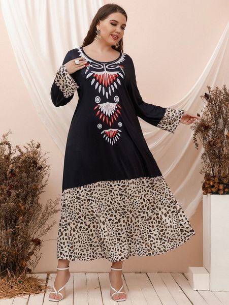 plus graphic print scoop neck dress h9k0#, Black