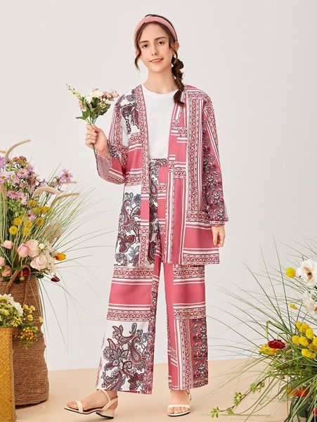 teen girls paisley & floral print blouse and pants set she, White