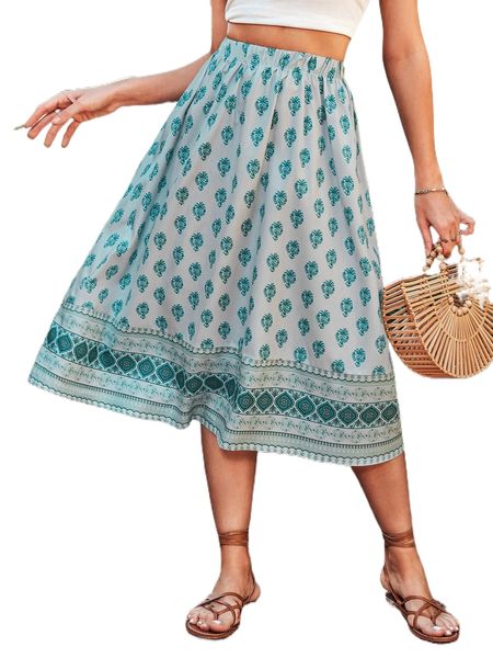 graphic print high elastic waist skirt f3k5#, Black