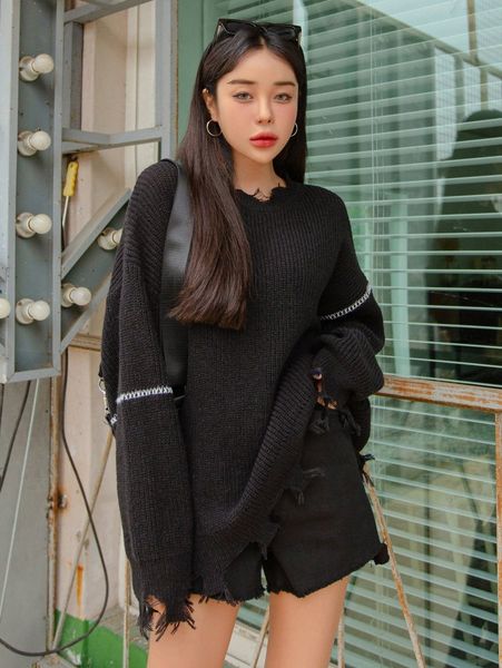 dazy drop shoulder oversized distressed sweater v7uk#, White;black