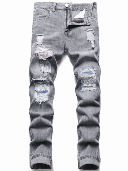 men ripped embroidered detail jeans j6pl#, Blue 
men ripped embroidered detail jeans j6pl#, Blue