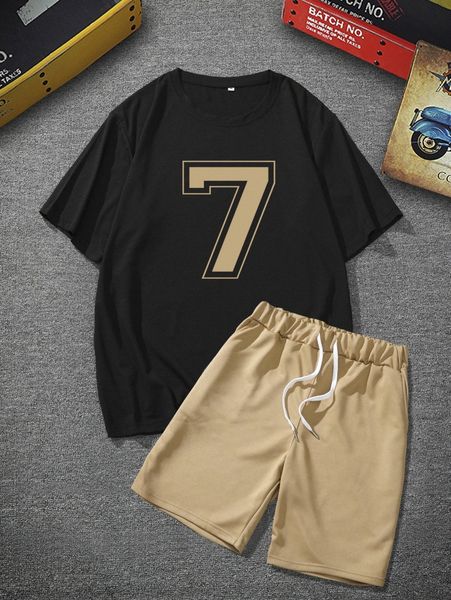 men number print tee & drawstring waist shorts r7mq#, Gray 
men number print tee & drawstring waist shorts r7mq#, Gray