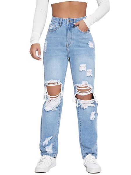 high waist ripped straight leg jeans c64g#, Blue 
high waist ripped straight leg jeans c64g#, Blue
