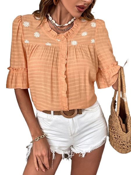 floral embroidery ruffle trim flounce sleeve blouse j93m#, White 
floral embroidery ruffle trim flounce sleeve blouse j93m#, White