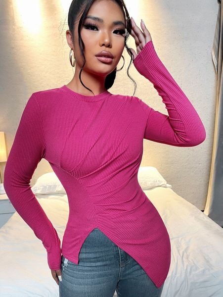 split hem ruched rib-knit tee j5yw#, White
split hem ruched rib-knit tee j5yw#, White