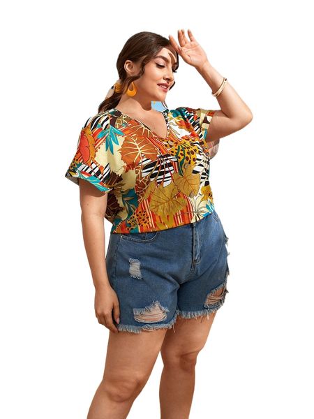 plus tropical print batwing sleeve blouse v4nj#, Black 
plus tropical print batwing sleeve blouse v4nj#, Black