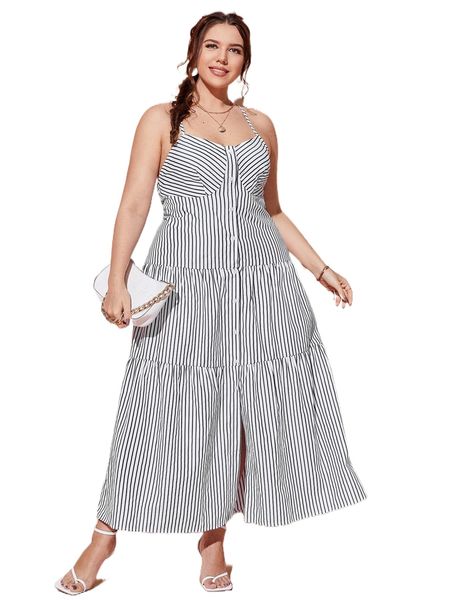 plus striped tie backless dress c3wv#, Black