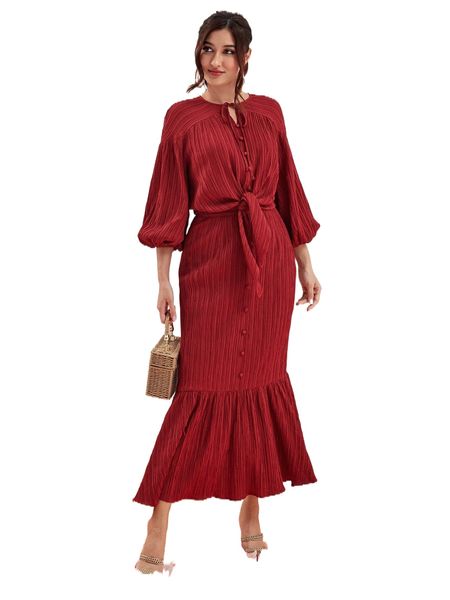 modely lantern sleeve tie neck & mermaid hem skirt set d9ip#, White 
modely lantern sleeve tie neck & mermaid hem skirt set d9ip#, White