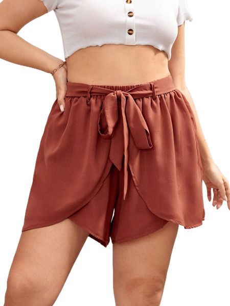 plus wrap hem belted wide leg shorts o20a#, Black