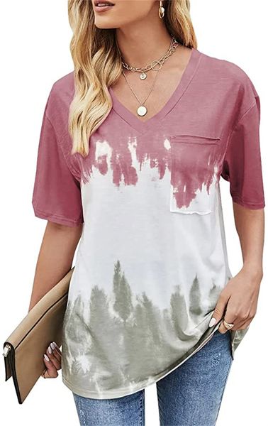 & tees womens summer t-shirt tie-dye color block casual v neck loose short sleeves, White
& tees womens summer t-shirt tie-dye color block casual v neck loose short sleeves, White