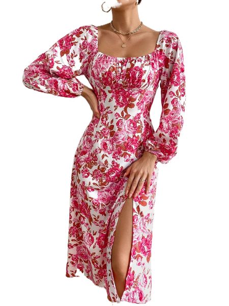 floral print split thigh dress i68t#, Black;gray