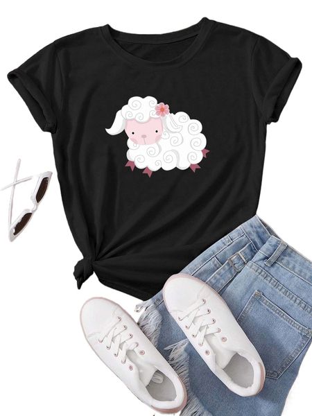 cartoon graphic round neck tee v6lt#, White