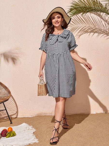 plus gingham print ruffle trim knot front dress x1e4#, Black
plus gingham print ruffle trim knot front dress x1e4#, Black