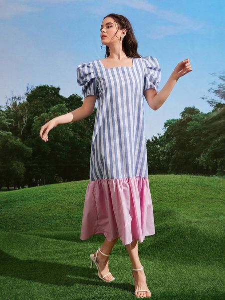 square neck puff sleeve striped dress t9je#, Black;gray 
square neck puff sleeve striped dress t9je#, Black;gray