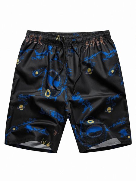 men random monster & letter graphic drawstring shorts j6ym#, White;black