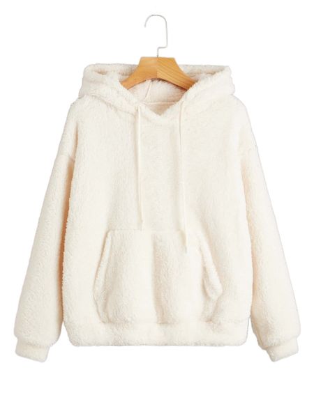 drop shoulder kangaroo pocket drawstring flannel hoodie w4yo#, Black