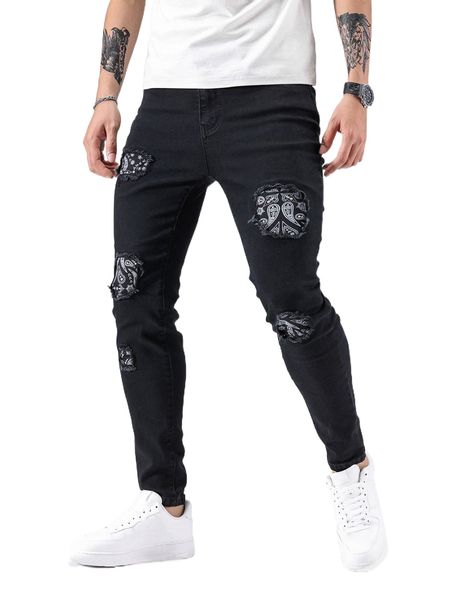 men paisley print patched skinny jeans m5hd#, Blue