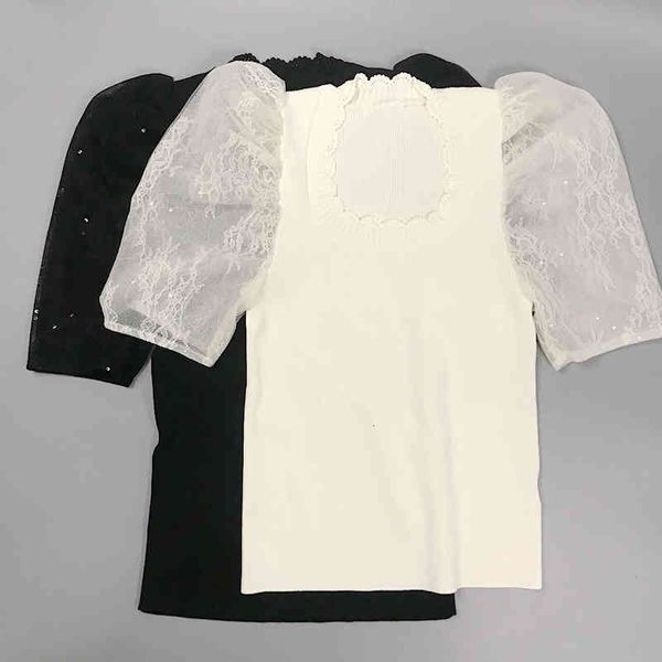 women's knits & tees summer n12 bubble sleeve square neck lace hook slim fit thin sweater short top, White
women's knits & tees summer n12 bubble sleeve square neck lace hook slim fit thin sweater short top, White