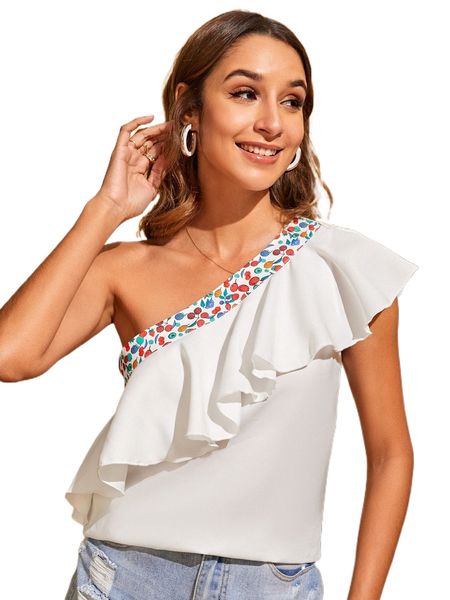 one shoulder fruit print ruffle trim blouse q3ao#, White
one shoulder fruit print ruffle trim blouse q3ao#, White