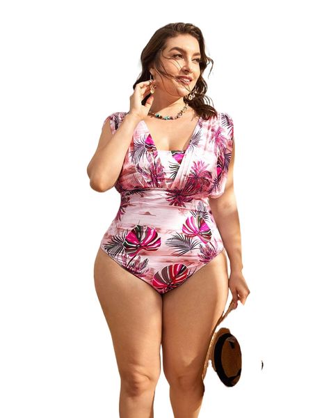 plus tropical print ruched one piece swimsuit 66kg#, White;black
plus tropical print ruched one piece swimsuit 66kg#, White;black