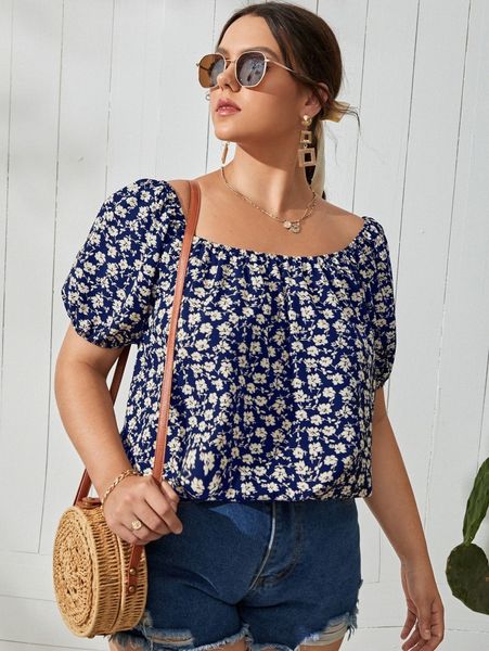 plus ditsy floral puff sleeve blouse 61by#, Black