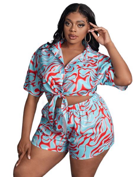 plus allover print knot front drop shoulder blouse & shorts i4rz#, Black
plus allover print knot front drop shoulder blouse & shorts i4rz#, Black