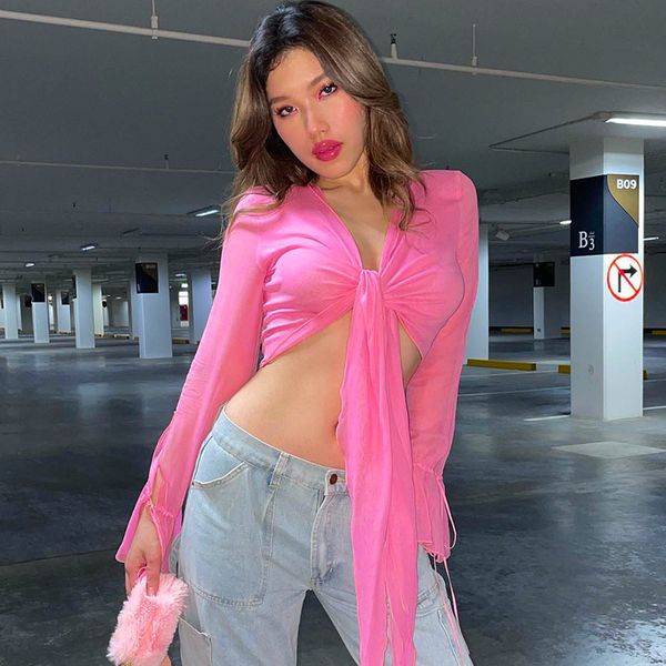 women's blouses & shirts bow tie flare long sleeve pink chiffon blouses crop v neck high street tee, White
women's blouses & shirts bow tie flare long sleeve pink chiffon blouses crop v neck high street tee, White