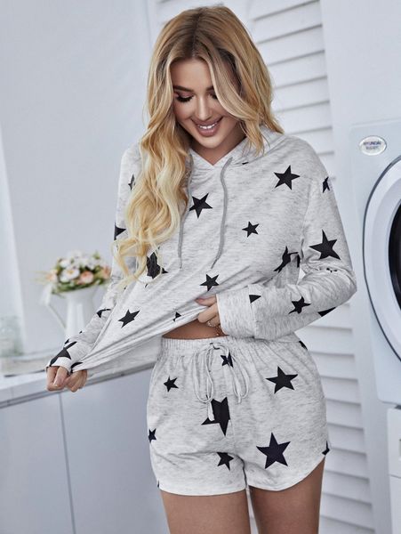 star print drawstring detail hooded pj set y2o5#, Black;red