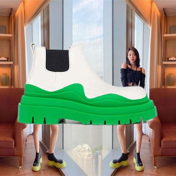 two tone tire chelsea boots women platform chunky boot lady luxe design men calf desiger low calfskin slip-on style round toe boots white+ap, Black