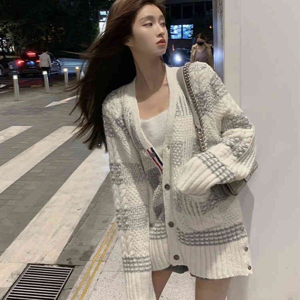 college style heavy industry contrast checked sweater women's loose and thin coat ins casual knitted cardigan fashion, White
college style heavy industry contrast checked sweater women's loose and thin coat ins casual knitted cardigan fashion, White