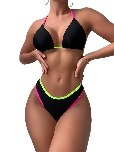 contrast binding tie back halter bikini swimsuit k6np#, White;black
contrast binding tie back halter bikini swimsuit k6np#, White;black