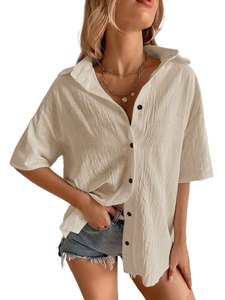 drop shoulder button up blouse o9bi#, White 
drop shoulder button up blouse o9bi#, White