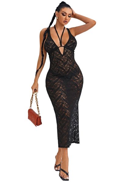 sxy knot back leaves print sheer lace dress 49v5#, Black;gray