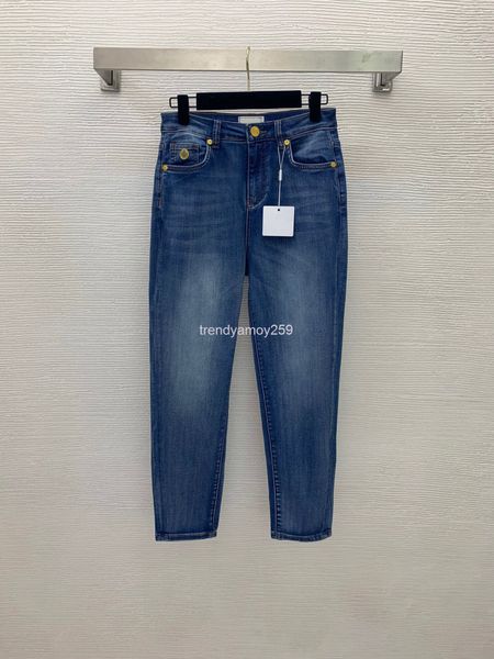 women's jeans hardware button pattern back leather brand carriage print high waist elastic harlan tapered jeans, Blue
women's jeans hardware button pattern back leather brand carriage print high waist elastic harlan tapered jeans, Blue