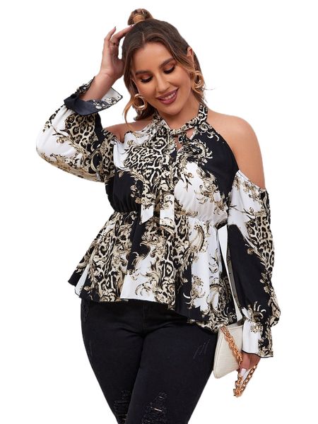 plus baroque & leopard print cold shoulder flounce sleeve tie front blouse w8mo#, Black
plus baroque & leopard print cold shoulder flounce sleeve tie front blouse w8mo#, Black