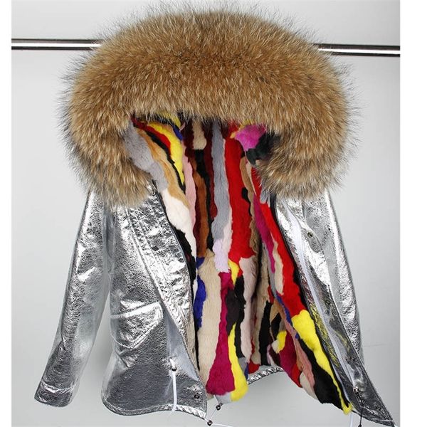rabbit lined parka silver pu real coat winter jacket women natural raccoon fur collar warm parkas 201125, Black 
rabbit lined parka silver pu real coat winter jacket women natural raccoon fur collar warm parkas 201125, Black
