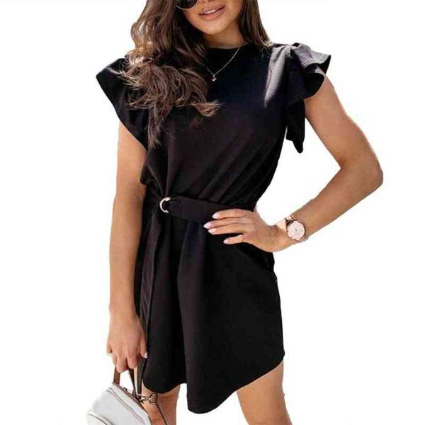 women fashion streetwear summer solid color o neck short ruffled sleeve belt mini slim dress l220705, Black;gray
women fashion streetwear summer solid color o neck short ruffled sleeve belt mini slim dress l220705, Black;gray