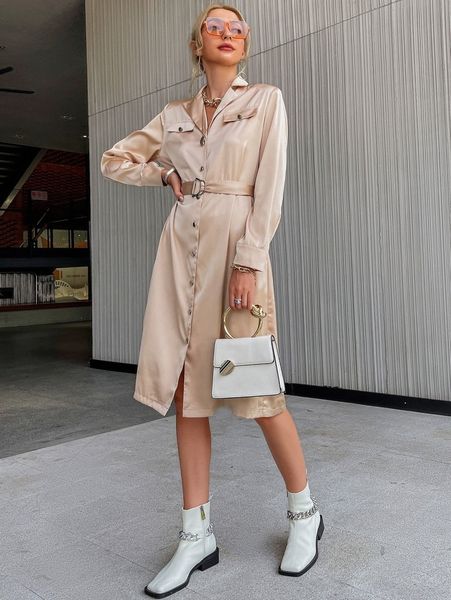 sollinarry lapel neck belted button front satin shirt dress z6gu#, Black;gray
sollinarry lapel neck belted button front satin shirt dress z6gu#, Black;gray
