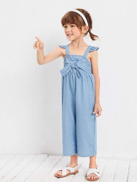 toddler girls ruffle trim tie front shirred detail jumpsuit she, Blue