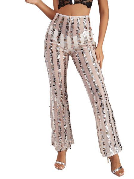 d& high waist sequin flare leg sheer pants 601d#, Black;white
