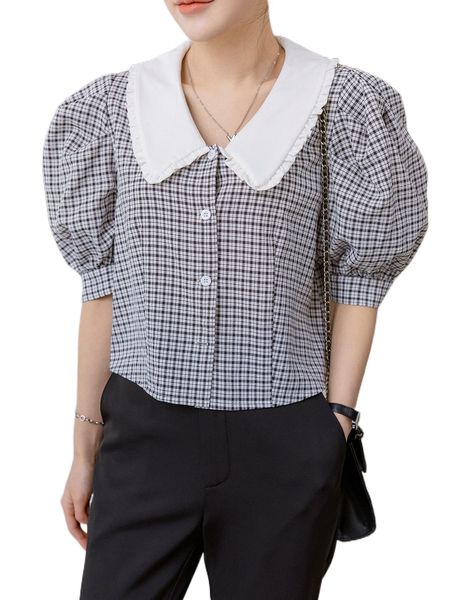 dazy plaid peter pan collar puff sleeve blouse q7vc#, White
dazy plaid peter pan collar puff sleeve blouse q7vc#, White