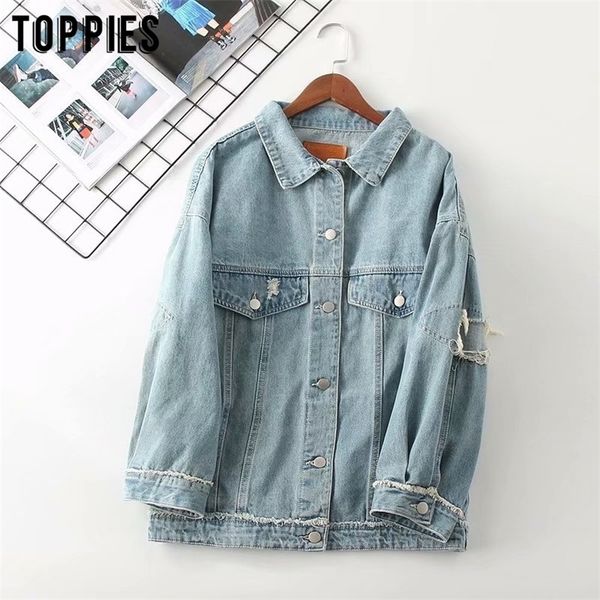 fashion ripped hole jeans jackets women blue denim coat vintage loose oversized coat steetwear t200827, Black;brown
fashion ripped hole jeans jackets women blue denim coat vintage loose oversized coat steetwear t200827, Black;brown