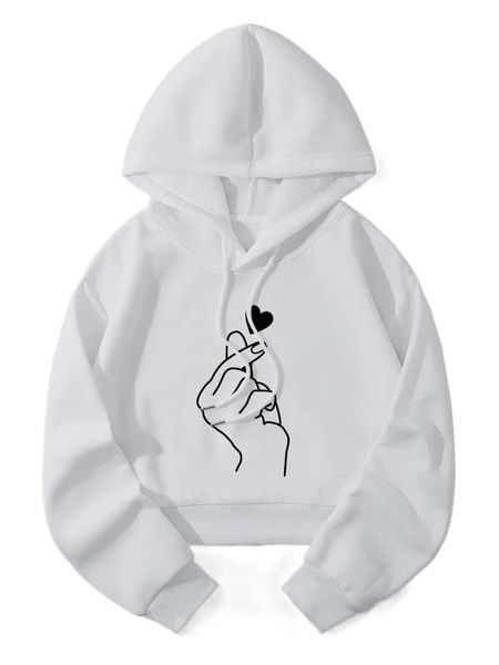 gesture & heart print drop shoulder drawstring thermal hoodie s0fp#, Black