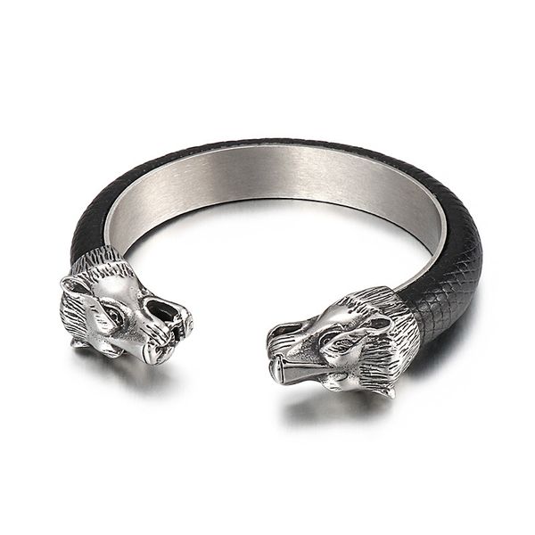 black genuine leather cuff bangle stainless steel biker double wolf end bracelet for mens cool gifts 12*65mm heavy, White
black genuine leather cuff bangle stainless steel biker double wolf end bracelet for mens cool gifts 12*65mm heavy, White