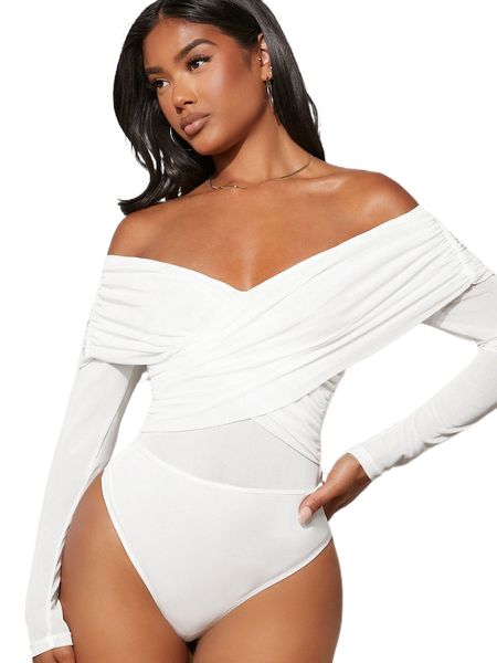 bae mesh overlay sweetheart solid bodysuit z1kf#, White